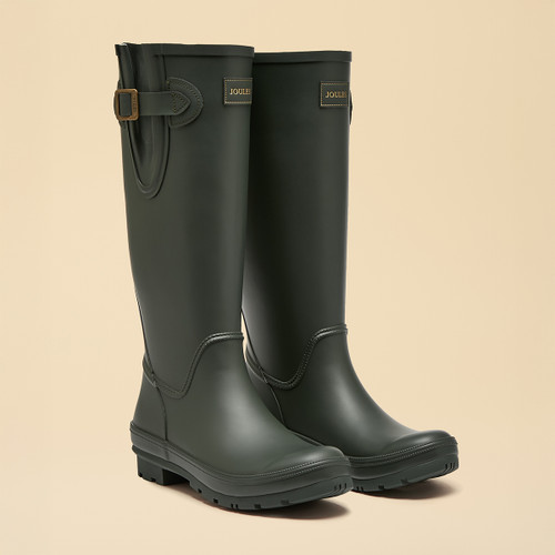 Pair of tall green Joules Wellington boots with adjustable side buckle and sturdy sole.