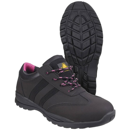 Pair of black safety trainers with pink laces and lining, one upright and one showing slip-resistant tread sole. Pair of black safety trainers with pink laces and lining, one upright and one showing slip-resistant tread sole.