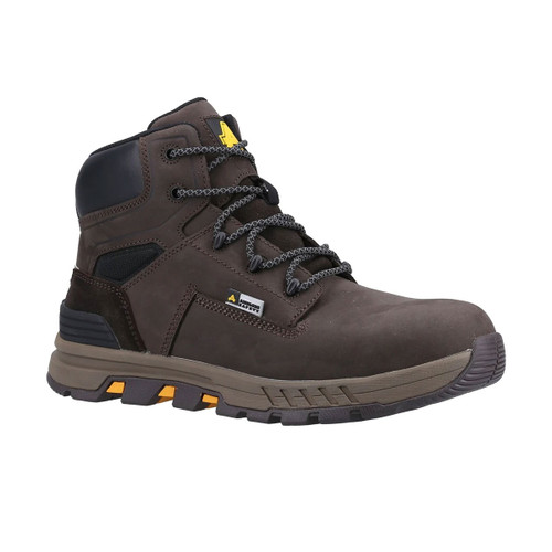 Dark brown lace-up work boot with black padded collar, grey and black sole, and yellow accents, shown at a front-side angle.