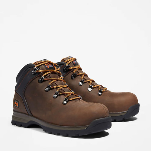 Pair of brown leather low-cut hiking-style work boots with black padded collars, orange and black laces, and rugged soles, displayed at an angle against a white background.