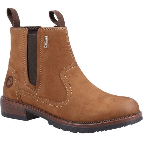 Brown leather Chelsea boot with elastic side panels and pull tabs. Features detailed stitching and a sturdy sole, conveying a rugged yet stylish look.