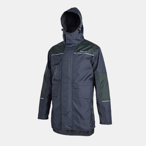 A navy and green jacket with a hood and white detailing.