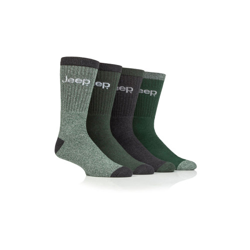 A row of 4 socks in varying shades of green, all with 'Jeep' branding at the top.