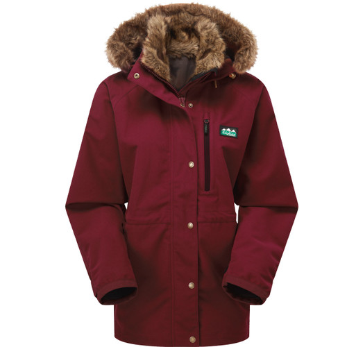 Burgundy parka jacket with fur-lined hood and front button closure.