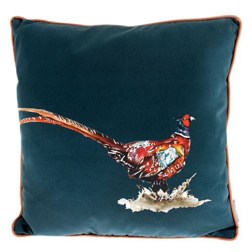 A view of a navy cushion with a pheasant design on a white background