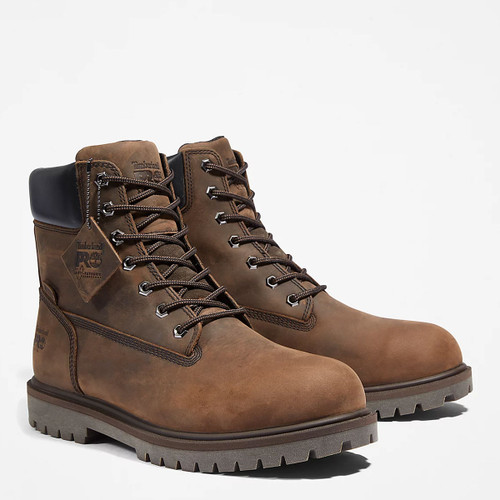 Pair of brown leather lace-up work boots with padded black collars and rugged soles, displayed at an angle against a white background.