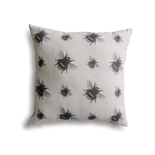 A cream outdoor scatter cushion with a bee print on a white background