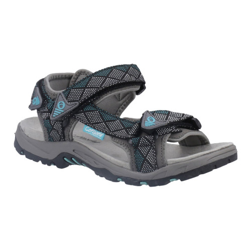 Grey and black outdoor sandal with blue accents, featuring adjustable straps and rugged soles. Designed for comfort and durability in outdoor activities.