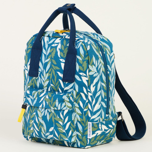 Blue and white leaf-patterned backpack with top handle and shoulder straps.