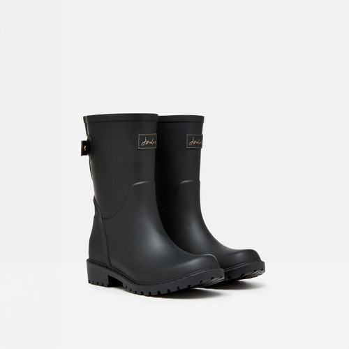 Pair of black mid-height Joules Wellington boots with adjustable side strap and chunky tread sole.