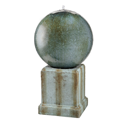 A spherical stone water fountain with a mottled green and gray surface, atop a textured square pedestal, creating a serene and elegant ambiance.