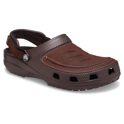 Brown Crocs Yukon Vista II clog with leather-look upper, ventilation ports and adjustable heel strap on a white background