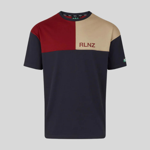 A tricolour t-shirt with red, beige, and navy panels and the text "RLNZ" on the chest.