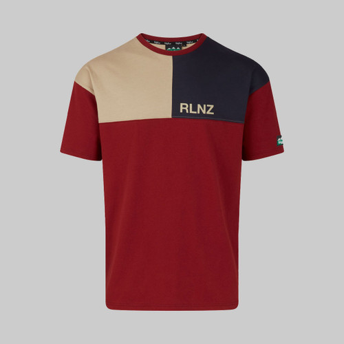 Colourblocked t-shirt with beige, navy, and red panels, and "RLNZ" branding on the chest.