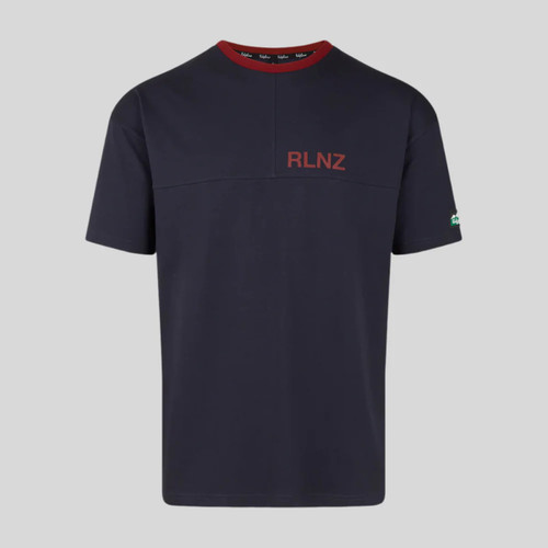 Navy blue t-shirt with red logo on the chest