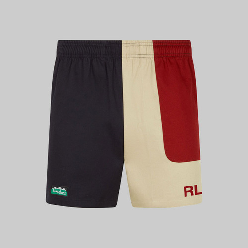 Three-tone shorts with logo on left leg, elastic waistband, black and beige with red accent.