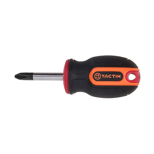 A black and orange stubby Phillips screwdriver with a rubber grip handle, featuring the word "Tactix" on the handle, set against a plain white background.