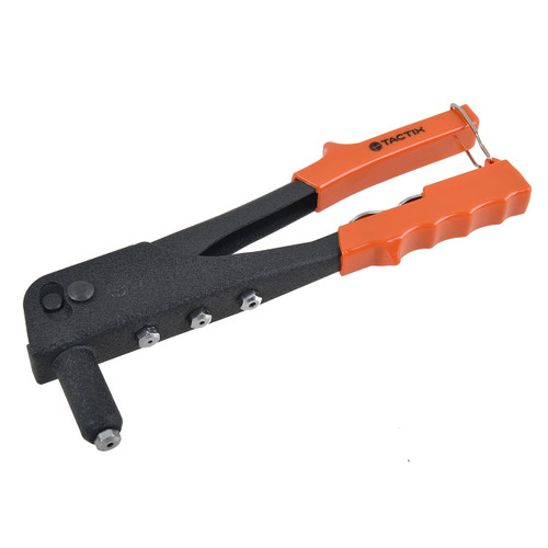 A hand rivet tool with orange grips and a black metallic body, featuring three interchangeable nozzles. The tool conveys a sense of durability and functionality.