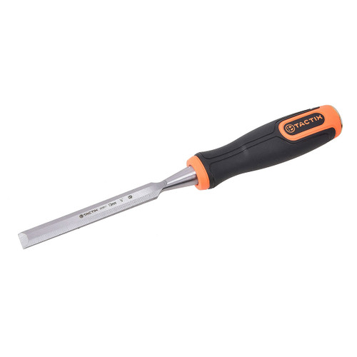 A chisel with a black and orange ergonomic handle and a silver metal blade lies against a plain white background, conveying a sense of precision.