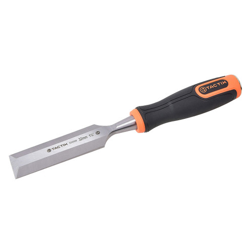 A metal chisel with an orange and black rubber handle, labeled with "32mm 1¼" and brand markings. Shiny blade reflects light. Tool appears durable.