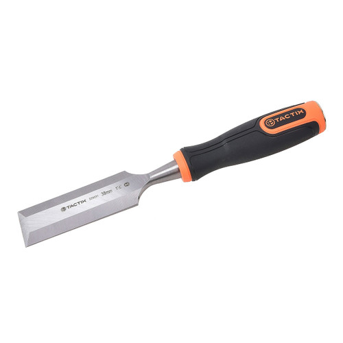 A chisel with a black and orange handle and a shiny silver blade. The handle is ergonomic, and the blade is inscribed with measurements.