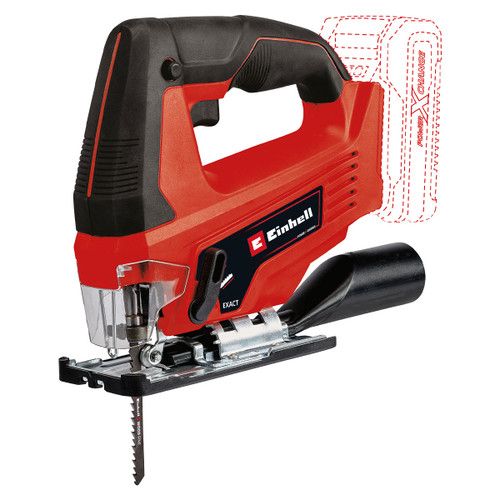 Einhell Power X-Change cordless jigsaw with red and black body, metal base plate and integrated dust extraction port.