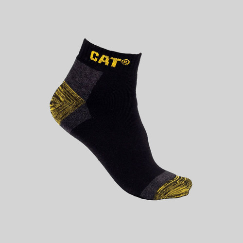 Black CAT ankle sock with yellow logo detail and reinforced heel and toe sections.