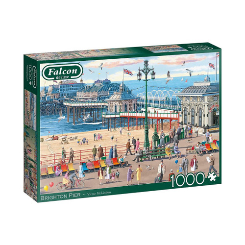 Falcon Brighton Pier 1,000-piece jigsaw puzzle box featuring an illustrated seaside scene with a bustling promenade, colourful deckchairs and the pier stretching over the sea.