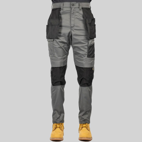 Grey CAT work trousers with black reinforced panels, featuring multiple utility pockets and holster pockets, front view