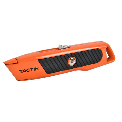 Orange utility knife with a retractable blade and the brand name "Tactix" on the side. It features a black textured grip and a sleek design.