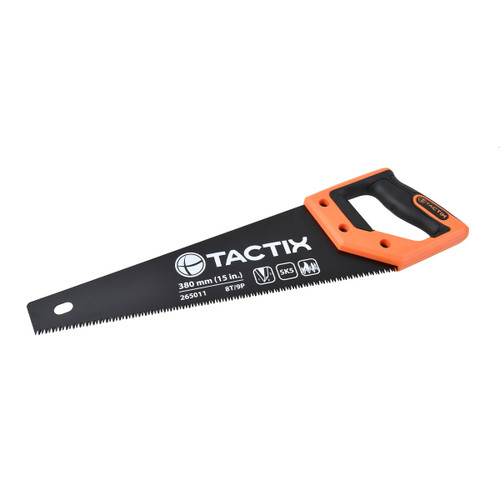 Hand saw with a black blade and bright orange handle, featuring the brand "Tactix" and specifications like "380 mm, 15 in." against a plain white background.