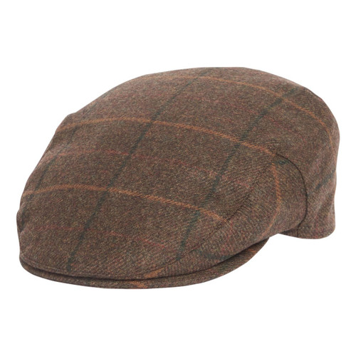 A brown checked flat cap with a subtle plaid pattern, made of woollen fabric. The cap conveys a classic and timeless style, evoking a vintage charm.