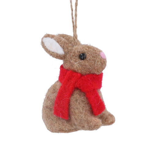 Wool Bunny with Red Scarf Hanging Decoration on a white background