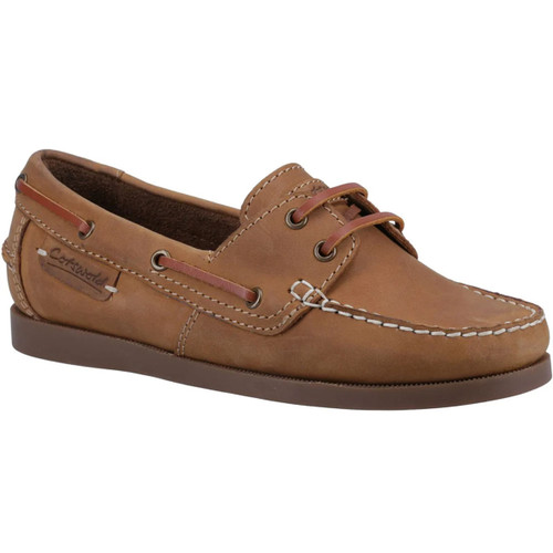 Brown leather boat shoe with white stitching, dark brown laces, and a rubber sole. The shoe has a casual and classic nautical design.