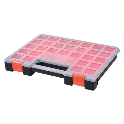 A plastic tool organizer with a transparent lid and 21 red compartments. It has a black handle and orange clips for closure. Simple and functional design.