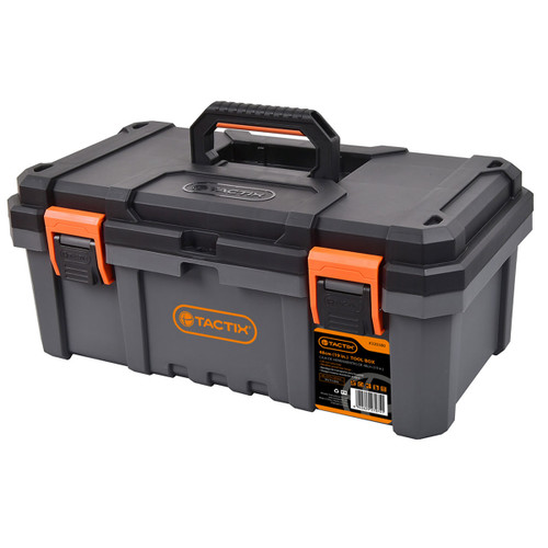 Grey and black plastic toolbox with a sturdy handle and bright orange latches, featuring "TACTIX" branding. It conveys durability and practicality.
