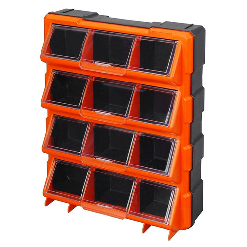 Orange and black plastic storage unit with multiple transparent drawers for organizing small items. The design is functional and compact.