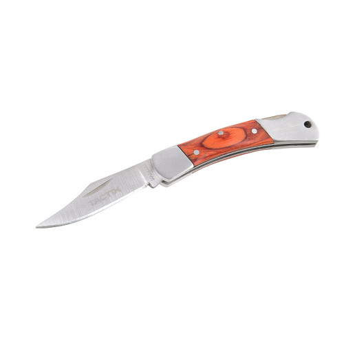 Folding pocket knife with a shiny stainless steel blade and a wooden handle featuring a polished grain design. The knife is partially open.