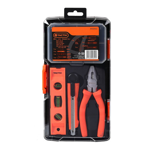 Tool set in a transparent case with red accents, featuring pliers, a level, and a utility knife. The packaging has orange and black branding.