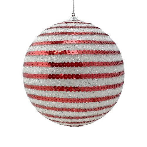 Red and white Sequin Candy Bauble on a white background