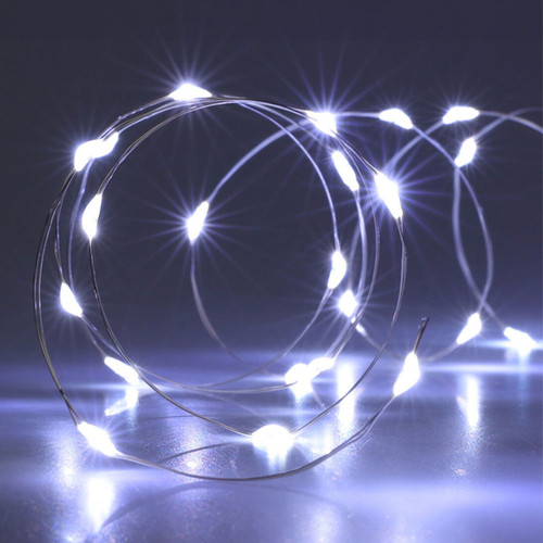 Cool white LED silver wire fairy lights featuring 40 micro LEDs on flexible wire, ideal for Christmas decorations, table centrepieces, wreaths and festive displays.