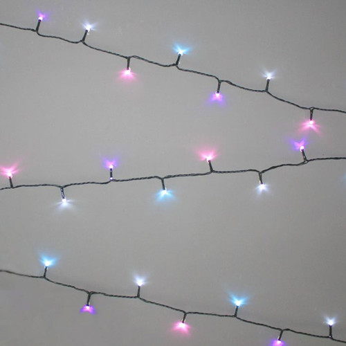 Multi pastel LED string lights with pink, blue, purple and cool white bulbs on a green cable, displayed in parallel strands against a light grey background for festive indoor and outdoor decorating.