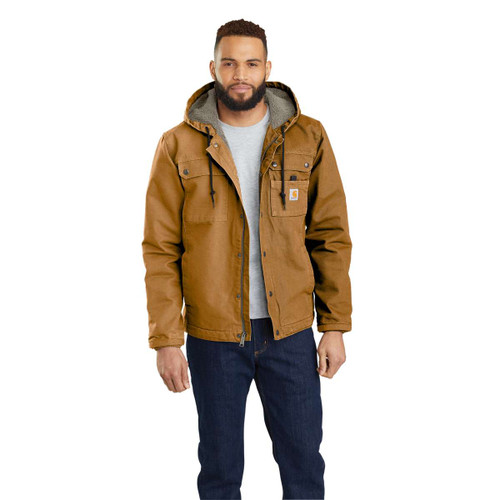 Carhartt men's brown hooded work jacket with sherpa fleece lining, front zip fastening, chest pockets and durable canvas construction.