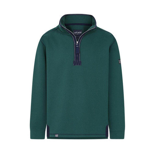 Dark green quarter-zip fleece pullover with a high collar and navy zip detailing on a white background.