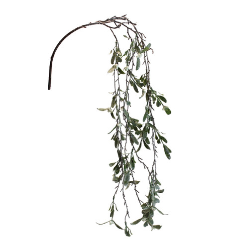 Artificial hanging mistletoe spray with frosted green leaves, white berries and trailing branches, perfect for adding a traditional festive touch to Christmas décor.