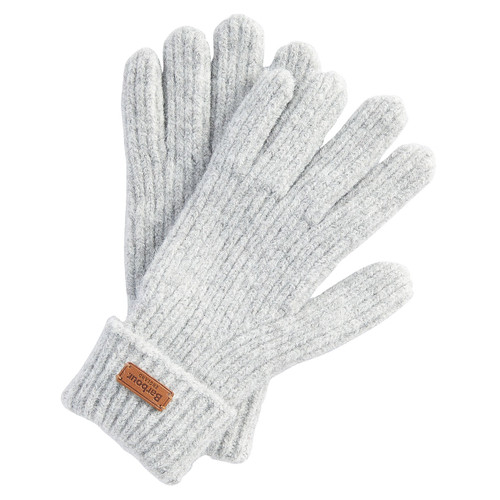 A pair of soft, light grey knit gloves, highlighting their gentle fabric and stylish appearance for warmth and comfort.