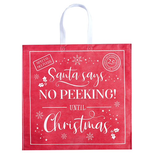 Large red Christmas gift bag with white rope handles and festive “Santa Says… No Peeking Until Christmas” message, decorated with snowflakes and seasonal holiday details.