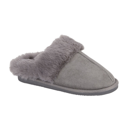 A side view of a grey slip on slipper with a faux fur trim and lining.