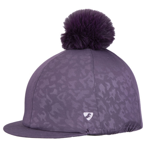 Purple hat silk with a subtle camo pattern and a pom-pom on top turned slightly to the left.
