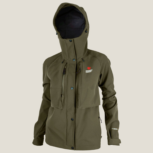 Olive green hooded jacket with a Stoney Creek logo on the left chest, on a plain background.